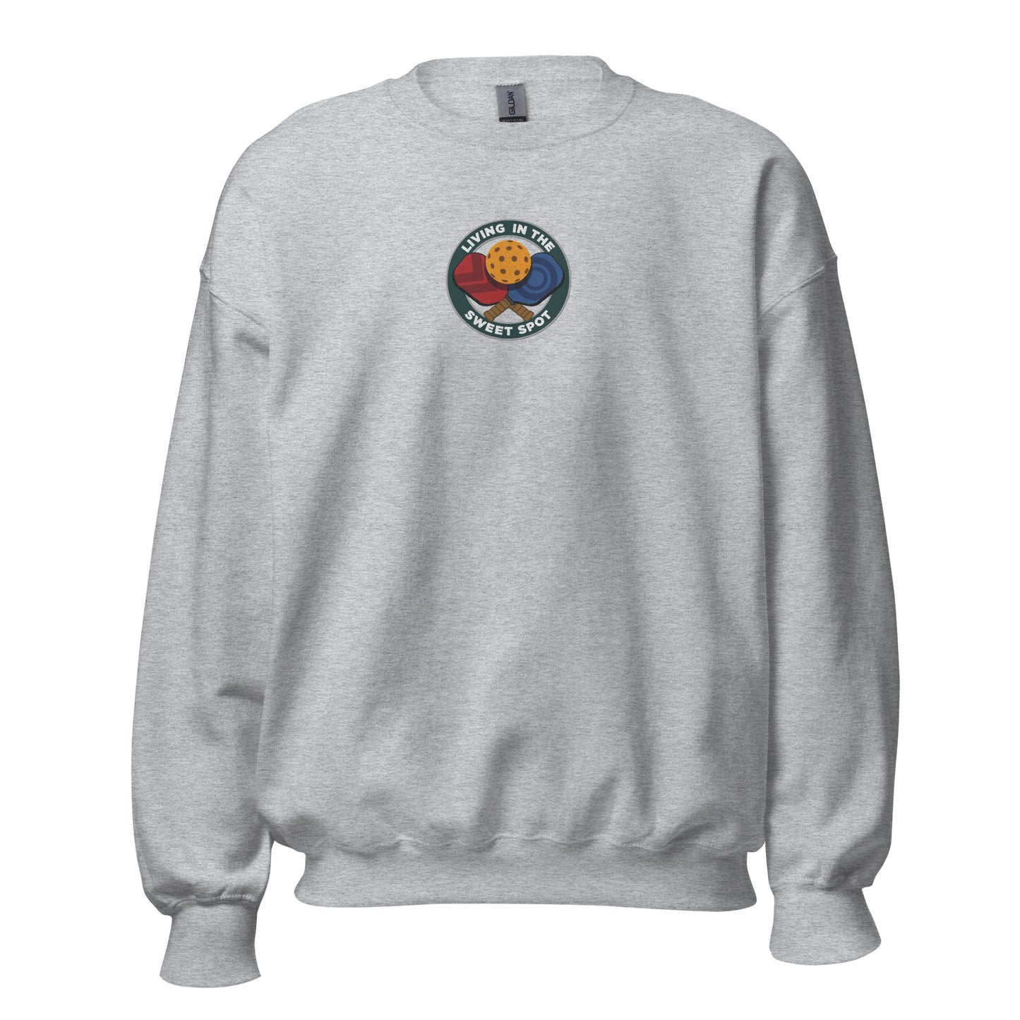 Pickleball Sweatshirt with Embroidered "Living in the Sweet Spot" Emblem - DocDink.com