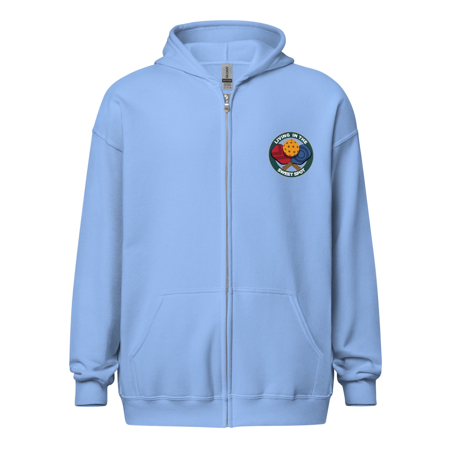 Pickleball Zip Hoodie - "Living in the Sweet Spot" - Crossed Paddles (pocket + back) - DocDink.com