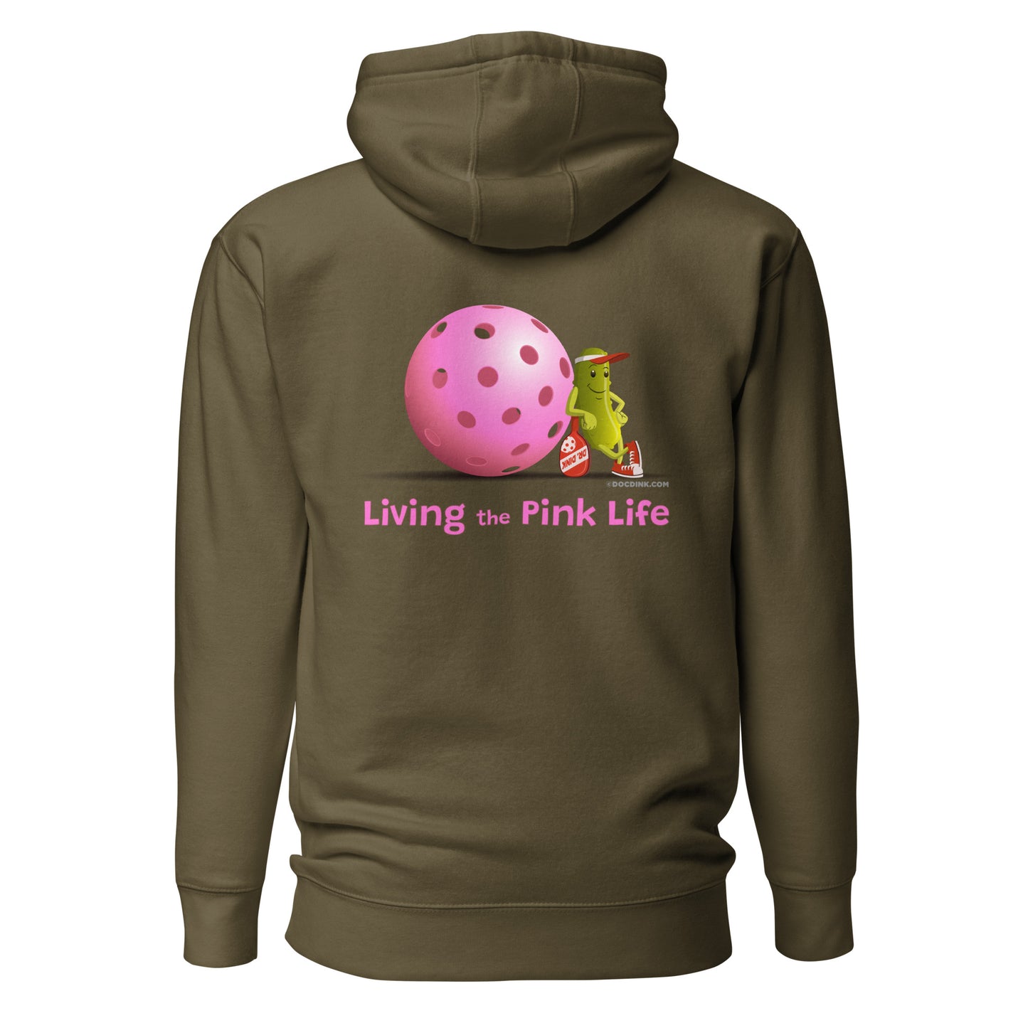 Warm Pickleball Hoodie - Resting Pickleball "Living the Pink Life" (back) + Pink Pickleball (pocket) - DocDink.com