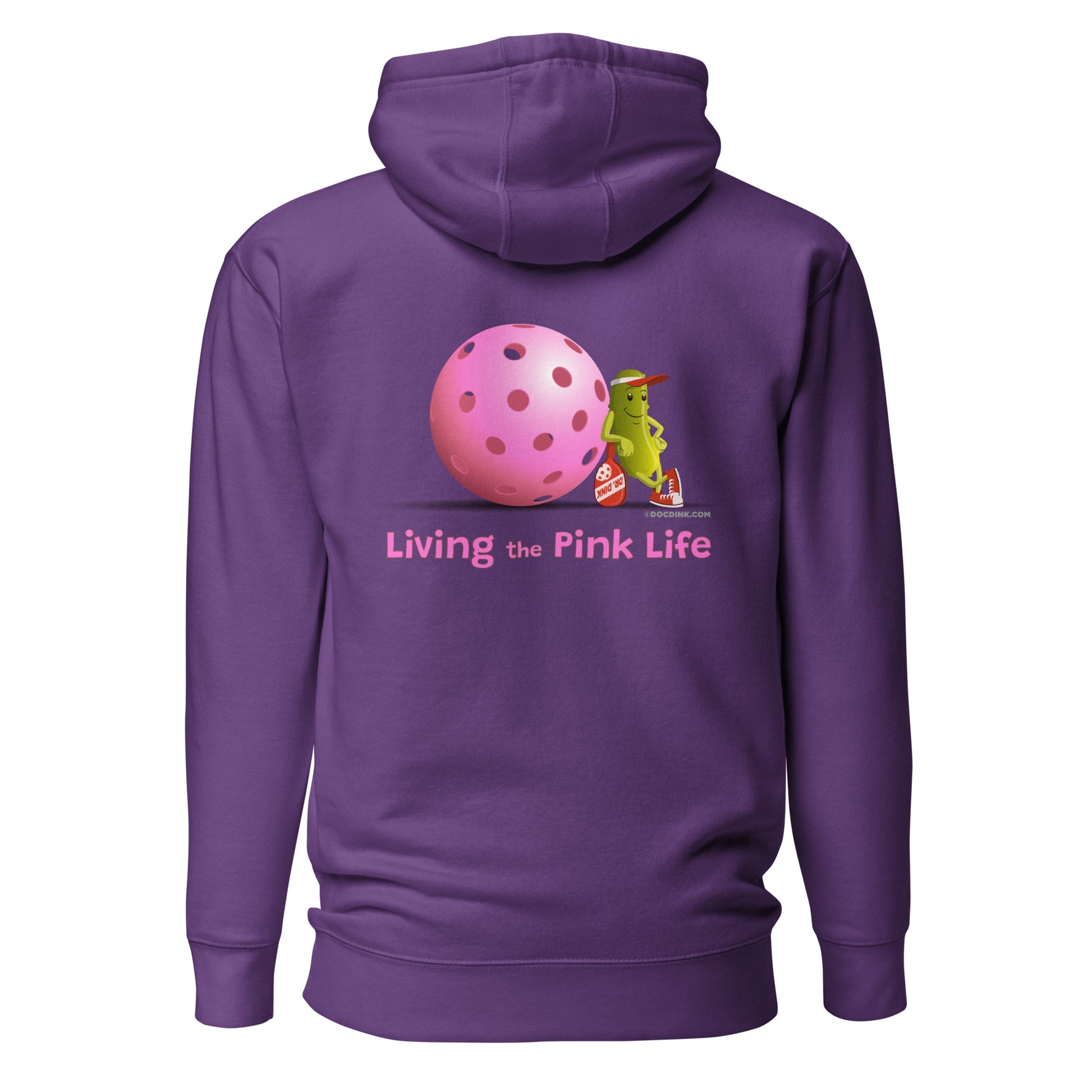 Warm Pickleball Hoodie - Resting Pickleball "Living the Pink Life" (back) + Pink Pickleball (pocket) - DocDink.com